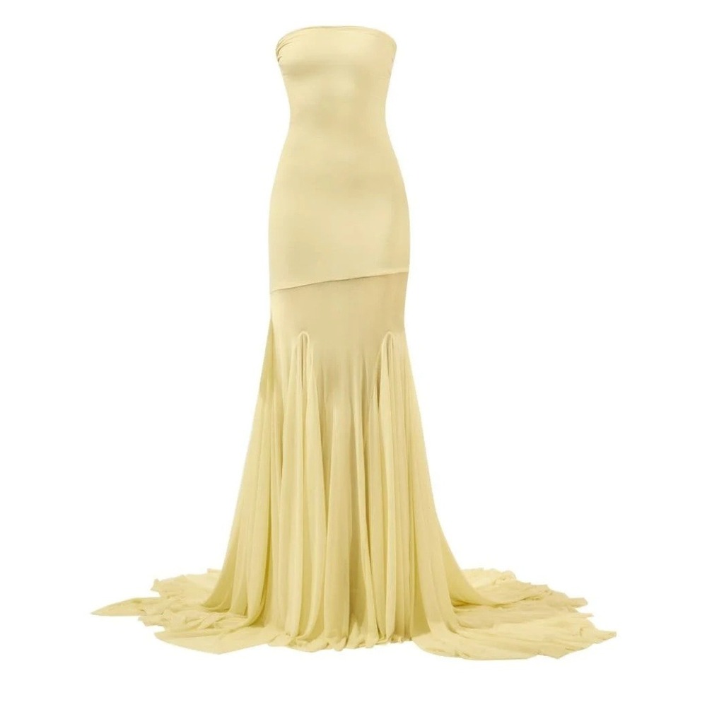 Deme By Gabriella‎ Dahlia Butter Yellow Strapless Mesh Ruffle Maxi Dress Size M - Picture 10 of 10